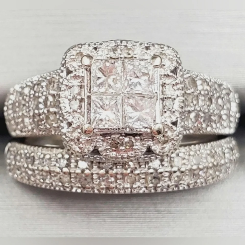 14k White Gold Diamond Engagement Ring & Wedding Band Bridal Set